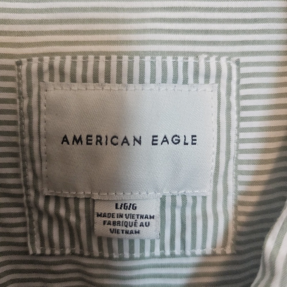 American Eagle Oversized Striped Sage Green Button up Shirt Large Resort Cotton - Picture 6 of 11